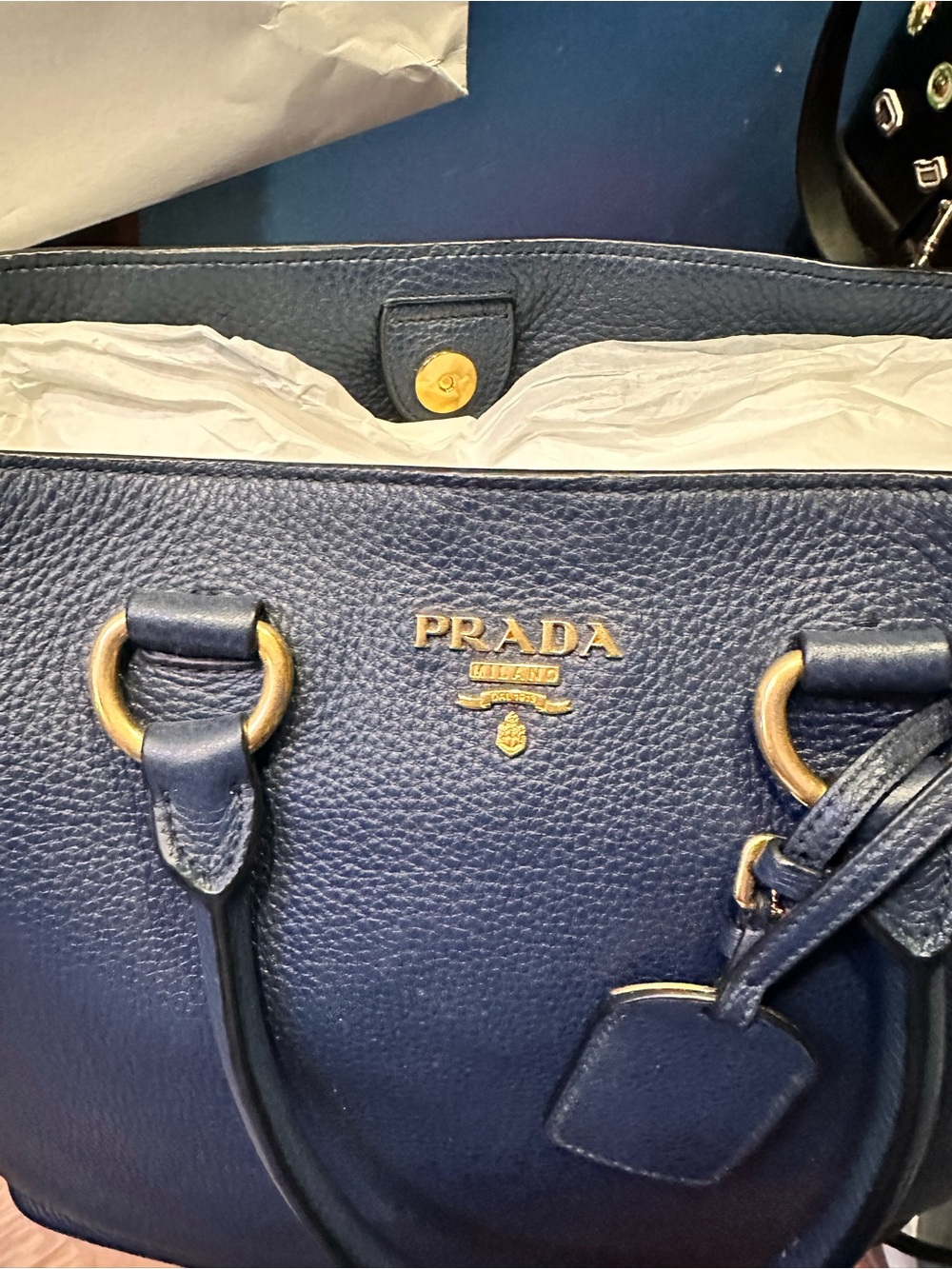 Prada Navy Pebbled Leather Tote with Gold Accents - Picture 3 of 6